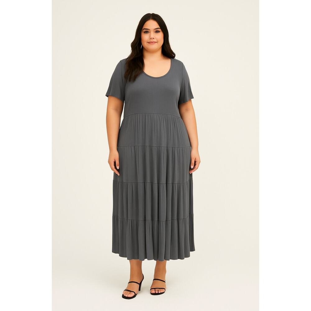 Bohme Essentials Short Sleeve Tiered Ribbed Maxi Dress Green Gray Size XLarge‎